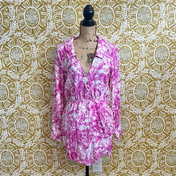 For Love & Lemons Devon V-Neck Long Sleeve Mini Shirt Dress in Pink size L - Picture 7 of 14